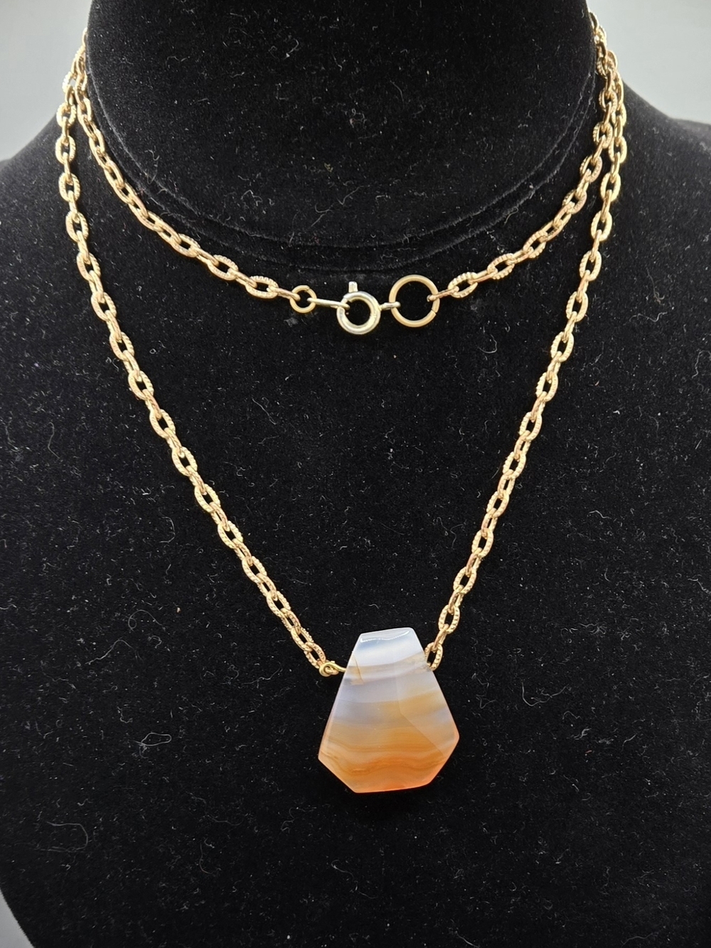 Banded Agate Pendant on Gold Tone Chain Spring Ring Clasp Vintage